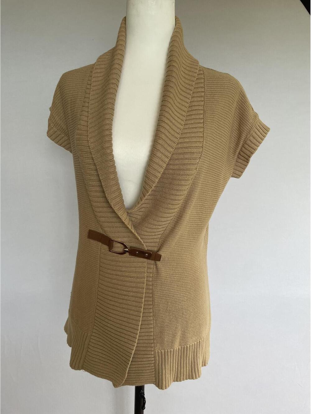 Chaps Ralph Lauren Beige Short Sleeve Buckle Cardigan Size Small
